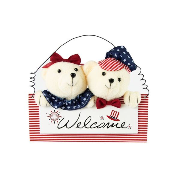 Illuminated USA Patriotic Teddy Bear Welcome Sign Wall Hanging - Picture 1 of 4